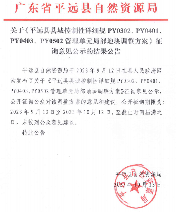 關(guān)于《平遠(yuǎn)縣縣城控制性詳細(xì)規(guī)劃PY0302、PY0401、PY0403、PY0502管理單元局部地塊調(diào)整方案》征詢意見(jiàn)公示的結(jié)果公告.png