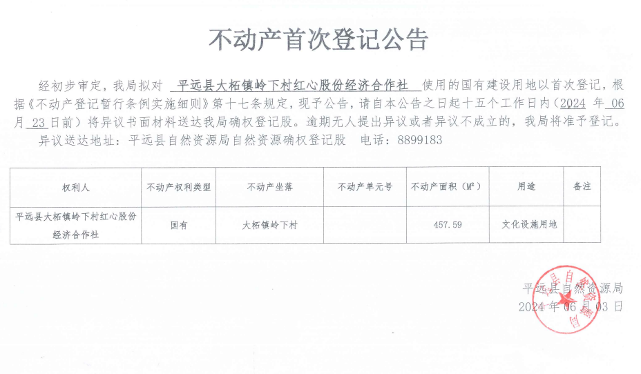 平遠(yuǎn)縣大柘鎮(zhèn)嶺下村紅心股份經(jīng)濟合作社不動產(chǎn)首次登記公告.png